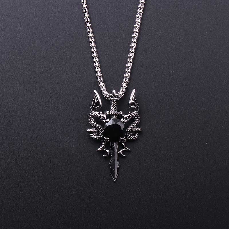 Men Accessories Jewelry - Kalung Salib Permata Hitam Naga Ganda